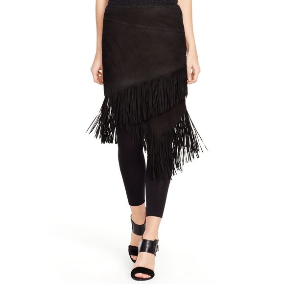 Ralph Lauren black suede leather western fringed layered skirt - Picture 2 of 5